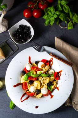 Mozzarella soslu rustik tortellini makarna salatası.