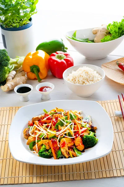 Sweet Sour Chicken Rice Vegetables — Stock Photo, Image