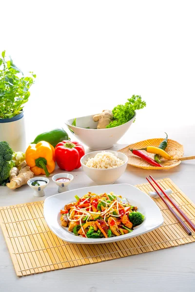 Sweet Sour Chicken Rice Vegetables — Stock Photo, Image