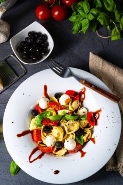 Mozzarella soslu rustik tortellini makarna salatası.