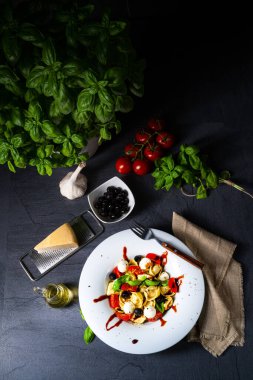 Mozzarella soslu rustik tortellini makarna salatası.