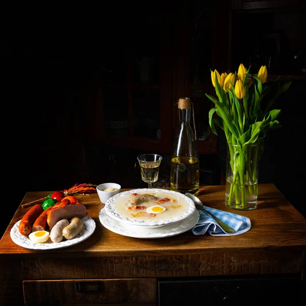 Zurek Delicious Polish Easter Soup Wooden Table — Stock Photo, Image