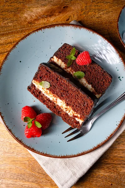 Rustic Chocolate Cake Raspberries Coffee — Stock Photo, Image