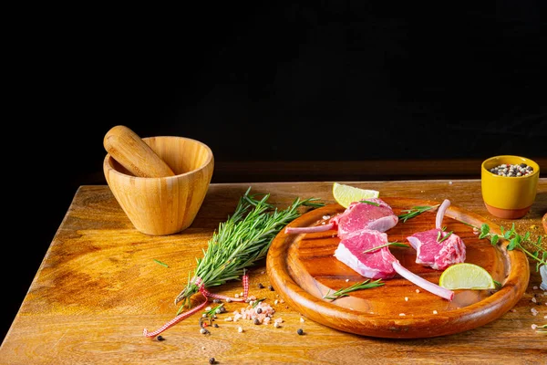 Raw Fresh Lamb Chops Wooden Cutting Board — Stock Photo, Image