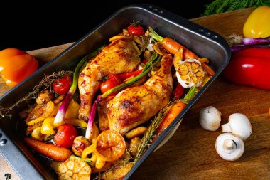 Çeşitli sebzelerle kızarmış tavuk bacağı.