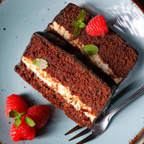 Rustic Chocolate Cake Raspberries Coffee — Stock Photo, Image