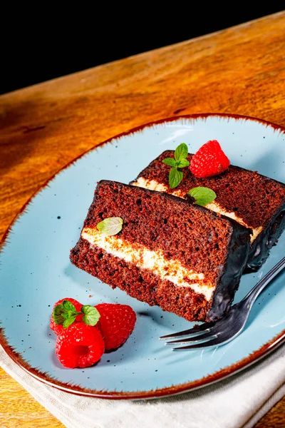 Rustic Chocolate Cake Raspberries Coffee — Stock Photo, Image