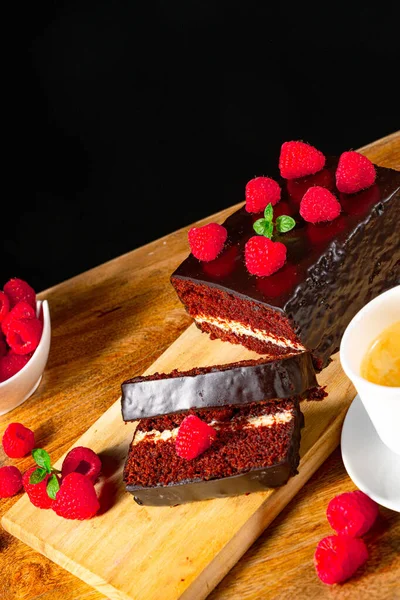 Gâteau Chocolat Avec Framboises Café — Photo