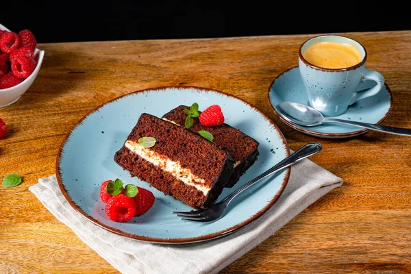 Gâteau Chocolat Rustique Avec Framboises Café — Photo