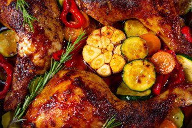 Çeşitli sebze ve baharatlarla kızarmış tavuk bacağı.