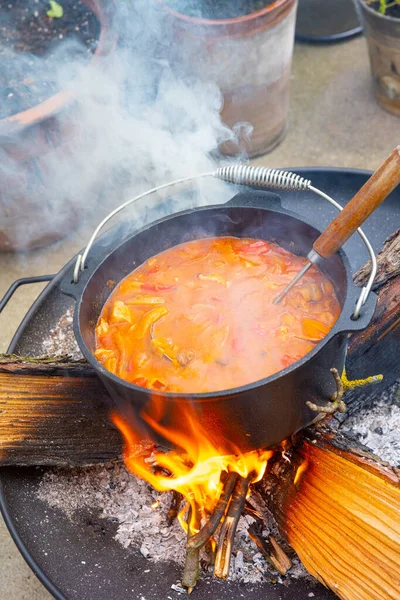 Hervidor Agua Goulash Prepara Sobre Fuego Abierto —  Fotos de Stock