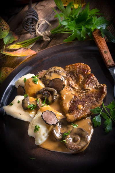 Steak with potato dumplings — Stock Photo, Image