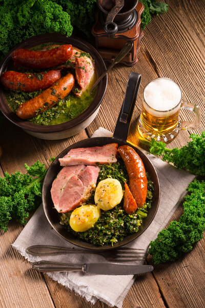 Dinner with potato meat  and Kale or borecole