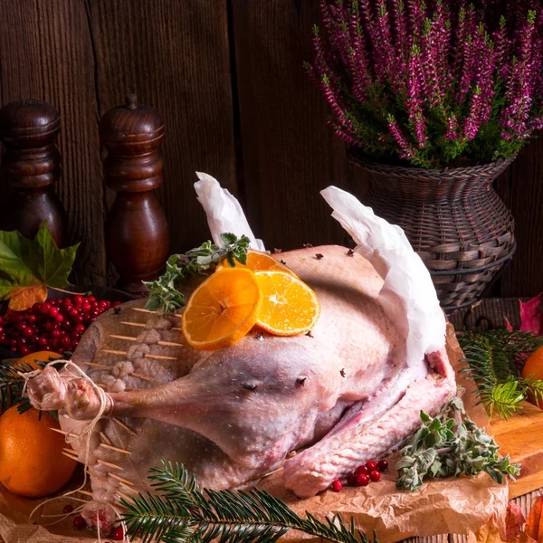 Raw goose in marinade — Stock Photo, Image