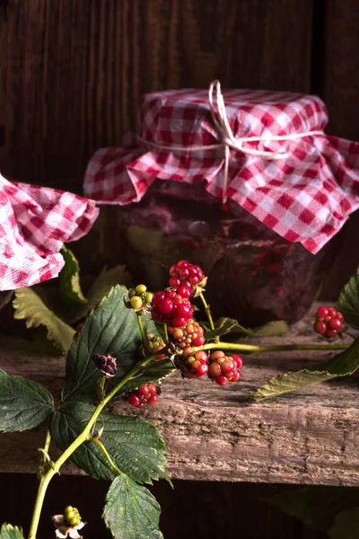 Jars wirh blackberry jam — Stock Photo, Image