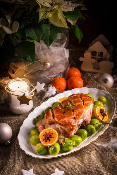 Christmas dinner with brussels sprouts — Stock Photo, Image