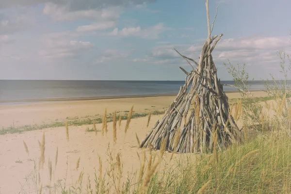 Abri contre les branches de bois sur une plage de sable — Photo