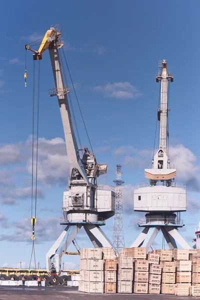 Kranen in de haven van lossing en schip een verscheidenheid van goederen — Stockfoto