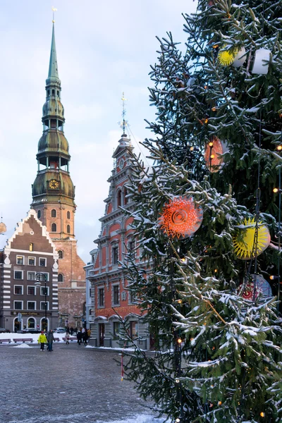 Kerstboom op het plein van het stadhuis op de achtergrond van St. Pete — Stockfoto