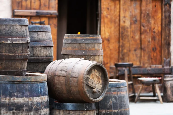 Antique oak barrels with steel hoops — Stock Photo, Image