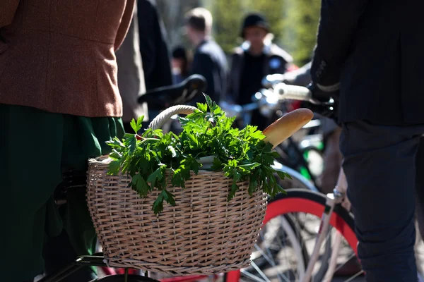 Herbs and baguette in the basket on a bicycle — Stock Photo, Image