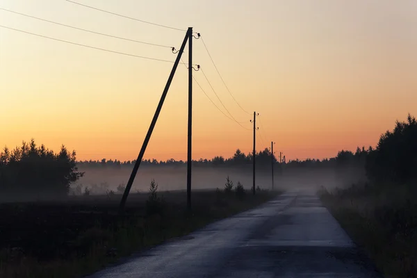 Strada asfaltata con pilastri nella nebbia al tramonto — Foto Stock