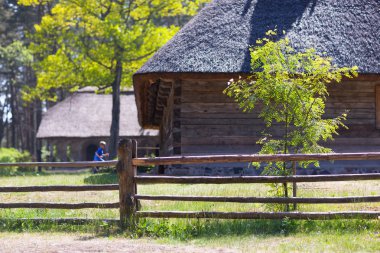 Bir thatched çatı ile eski ahşap ev