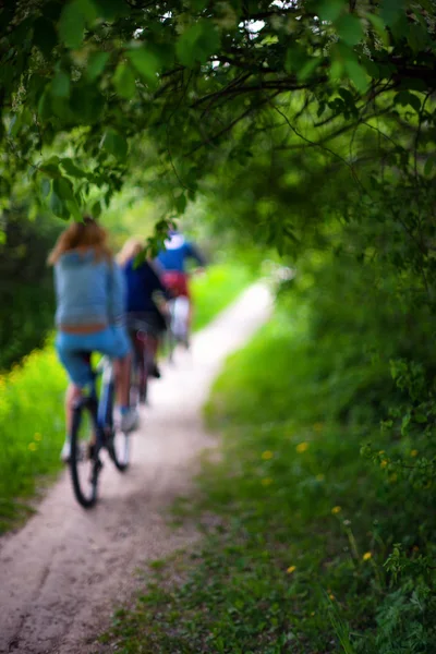 Ciclistas andam ao longo de um caminho florestal no verão. Desfoque — Fotografia de Stock