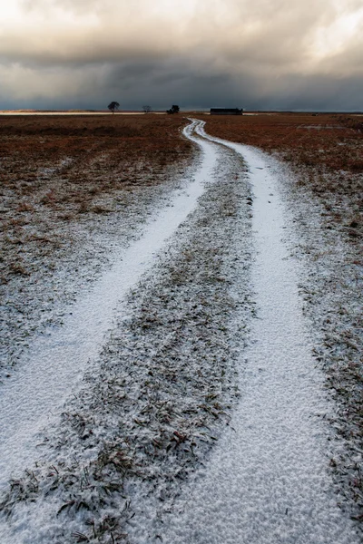 Strada bianca all'orizzonte sotto la neve in un campo — Foto Stock