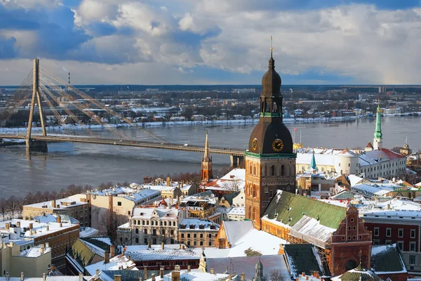 Panorama of Riga Bridge from the air in winter — Stock Photo, Image