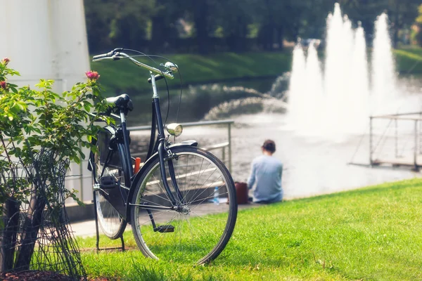 The girl with a bicycle rests on the green grass on the bank of — Stock Photo, Image