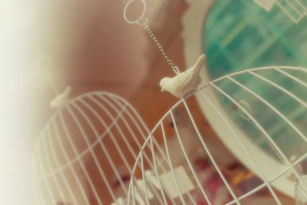 Decorative cages and birds in the toy shop window — Stock Photo, Image