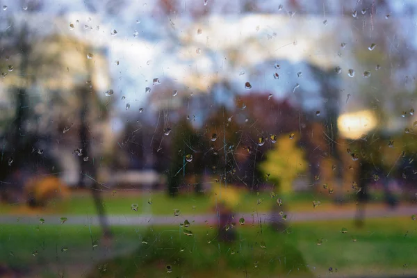 City park in autumn through the scratched glass with drops — Stock Photo, Image