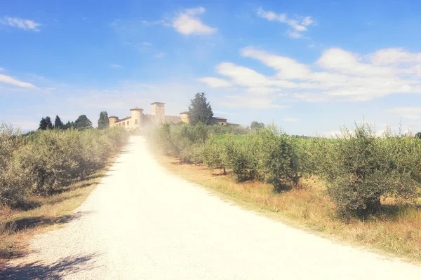 Dammiga vägen till slottet i Toscana på sommaren — Stockfoto