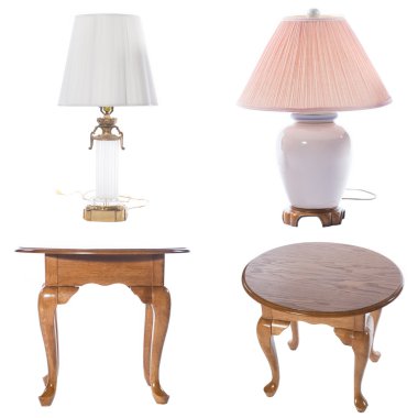 Başucu masaları ve beyaz arka plan üzerinde izole tur kolaj fotoğrafı