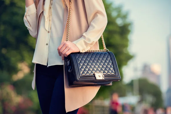 Woman carrying elegant purses bag at city par — Stock Photo, Image