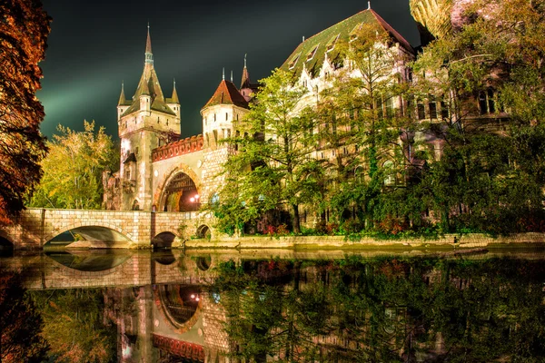 Castelo de Vajdahunyad à noite com lago em Budapeste, Hungar — Fotografia de Stock