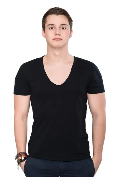Jonge knappe man in zwart leeg t-shirt — Stockfoto