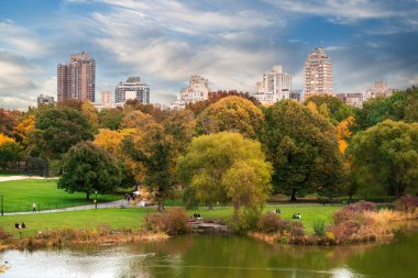 New York'un Manhattan Merkez Park panorama gökdelenler ve renkli ağaçlar sonbahar Gölü ile