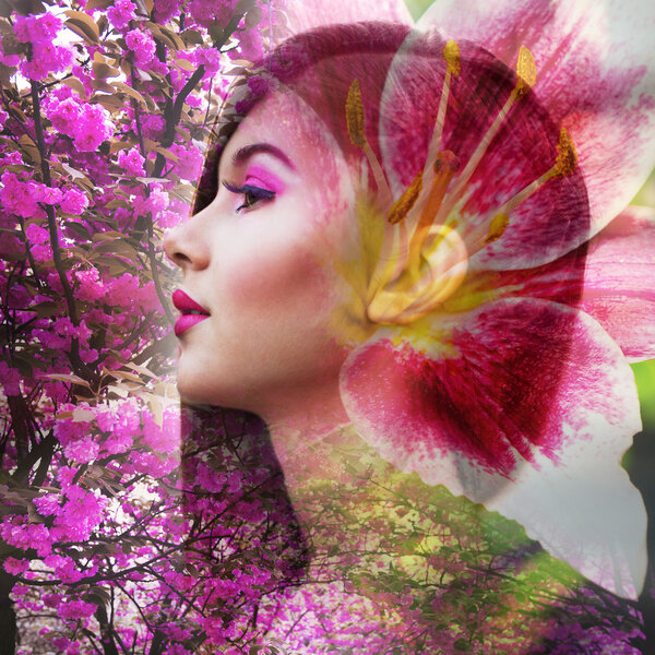 Beautiful blonde woman with pink make-up with flowers. Double exposure.