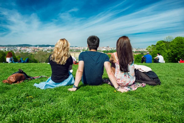 Tres turistas amigo sentado en la hierba verde con hermosa vista al panorama de Viena —  Fotos de Stock