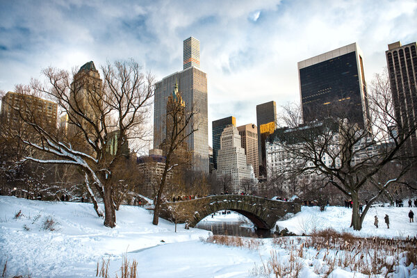 Central Park, New York City at Gapstow bridge under the snow in the winter