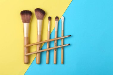 Güzellik kozmetik makyaj ürünü düzeni. Moda kadını fırça yapar. Şık tasarım arka planı. Yaratıcı moda konsepti. Kozmetik makyaj fırçası koleksiyonu, üst görünüm, afiş