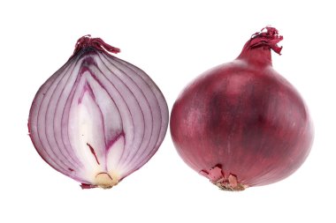 Soğan koleksiyonu. Kırmızı İngiliz soğanı beyaz arka planda izole edilmiş. Yeşil doğal soğan kırpma yolu. Taze organik meyve.