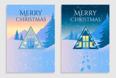Mutlu Noeller ve yeni yıl tebrik kartları seti. Gece ve sabah kar yağarken dağlarda küçük bir ev üçgen şeklinde olur. Bir kartpostal, poster veya afiş için vektör illüstrasyonuName.