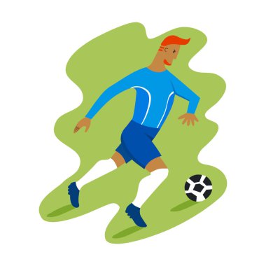 Futbolun temsilcisi - futbolcu - oyuncu. O, toptan sonra sahada koşar. Çizgi film tarzında vektör illüstrasyonu.