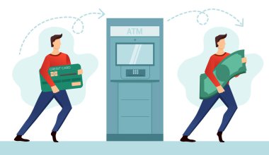 Bir adam ATM 'de para bozdurur. Kredi kartı olan küçük bir adam. Banknotları olan küçük bir adam. Nakit ve nakitsiz para konusunda vektör illüstrasyon.