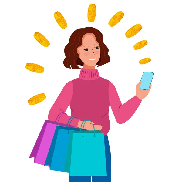 Une Jeune Femme Fait Shopping Tient Smartphone Argent Des Achats — Image vectorielle