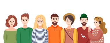 Gençlerin toplu portresi. Erkekler ve kızlar, gülümsüyor, hareketsiz duruyorlar. Modern gençlik, öğrenciler, okul çocukları, genç nesil. Beyaz arkaplanda düz bir şekilde vektör illüstrasyonuName.