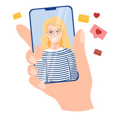 Video çağrısı konsepti. Ekrandaki kız arkadaş. Erkek eli akıllı telefonu tutuyor. Akıllı telefon aracılığıyla iletişim. Uygulamayla tatlı bir kızla konuş..